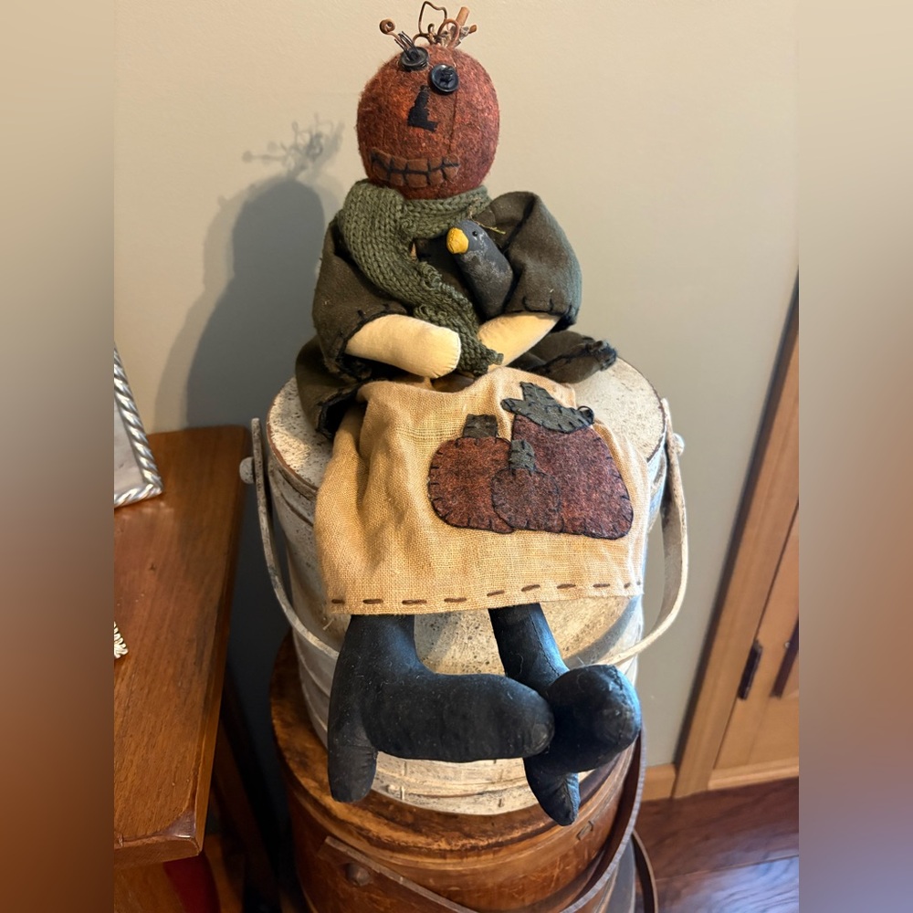 Handcrafted Fall Halloween Pumpkin Doll with Crow